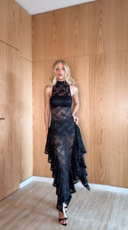 VESTIDO MIDI GOLA ALTA RENDA