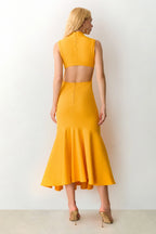 VESTIDO MIDI BARRA COM RODA AMPLAE ABERTURA COSTAS LARANJA MANGA 11779