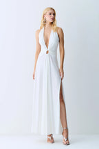 VESTIDO LONGO FRENTE UNICA ABERTURA FRONTAL E AMARRACAO OFF WHITE 11803