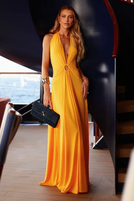 VESTIDO LONGO FRENTE UNICA ABERTURA FRONTAL E AMARRACAO LARANJA MANGA 11803