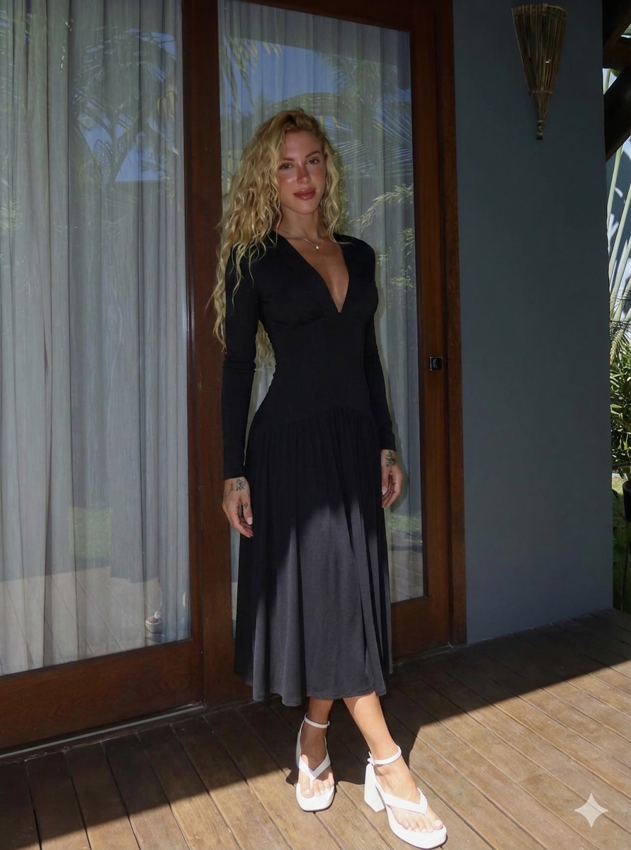 VESTIDO MIDI ALONGADO NEGRO