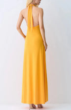 VESTIDO LONGO FRENTE UNICA ABERTURA FRONTAL E AMARRACAO LARANJA MANGA 11803