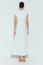 VESTIDO LONGO COM DECOTE PROFUNDO E OMBREIRAS OFF WHITE