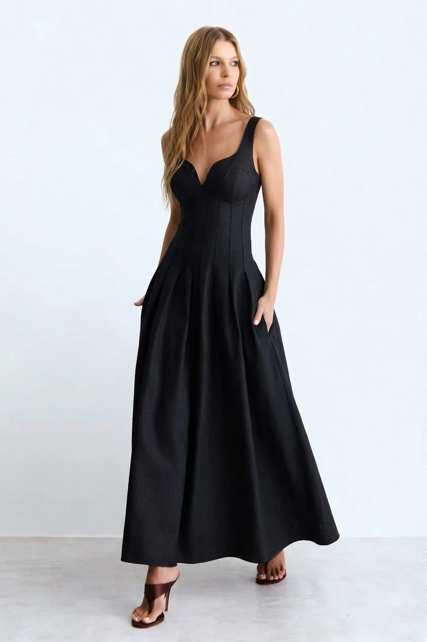 VESTIDO MIDI RECORTE V BUSTO E PREGAS NA SAIA 11698