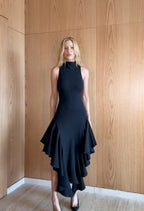 VESTIDO MIDI GOLA ALTA BARBADOS ASIMÉTRICO