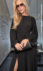 VESTIDO MIDI MANGAS BUFANDAS NEGRO