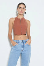 BLUSA FRENTE UNICA COM ZIPER FRONTAL MARROM CANELA