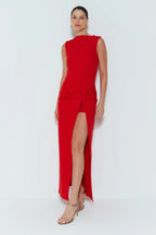 VESTIDO LONGO COM TORCAO E FENDA LATERAL ROJO