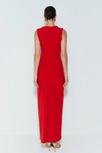 VESTIDO LONGO COM TORCAO E FENDA LATERAL ROJO
