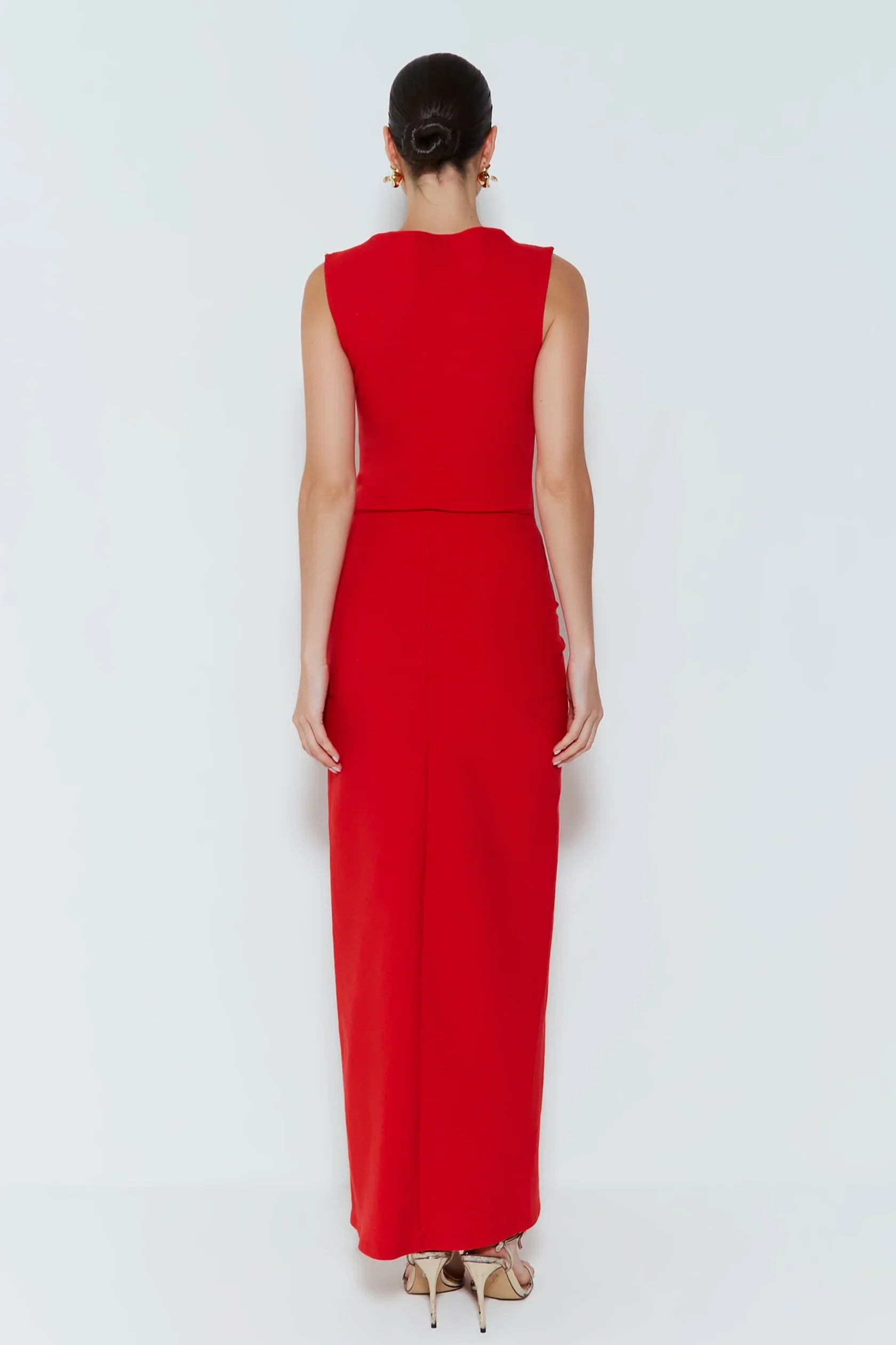 VESTIDO LONGO COM TORCAO E FENDA LATERAL ROJO