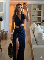 VESTIDO LONGO CON DRAPEADO AZUL MARINO