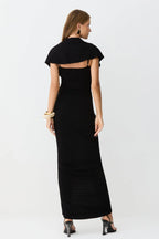 VESTIDO MIDI DECOTE V COM FRANZIDOS E VOLUME CENTRAL PRETO 11674