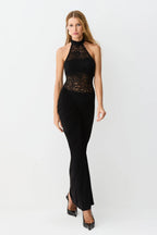 VESTIDO MIDI FRANZIDOS CINTURA CORPO EM RENDA E GOLA PRETO 11700