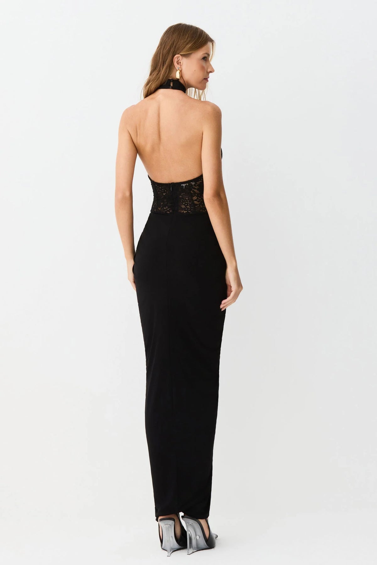 VESTIDO MIDI FRANZIDOS CINTURA CORPO EM RENDA E GOLA PRETO 11700