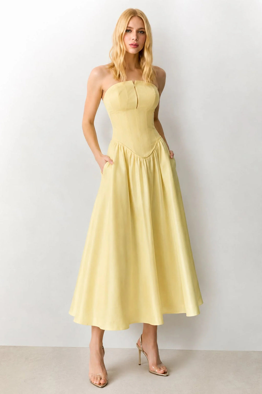 VESTIDO MIDI TOMARA QUE CAIA ZIPER DE METAL AMARELO MANTEIGA 11753
