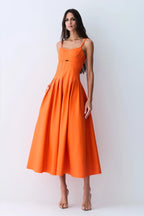 VESTIDO LONGO ACINTURADO PREGAS SAIA RECORTE LARANJA TANGERINA 11583